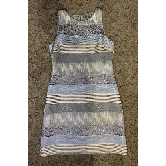 KAY UNGER Silver Gray Metallic Sequin Lace Sheath Dress BEAUTIFUL Formal 10 READ - Picture 1 of 14